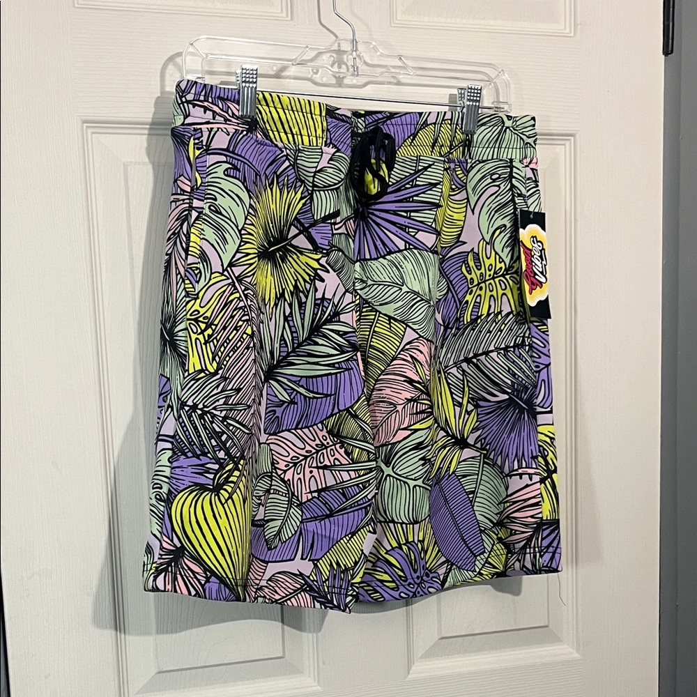 Men's Tropical Leaf Board Shorts — Purple, Green & Pink